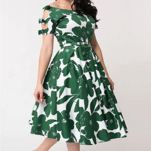 Unique Vintage Selma Green & White Floral Bow-Tie Sleeve Fit & Flare Swing Dress